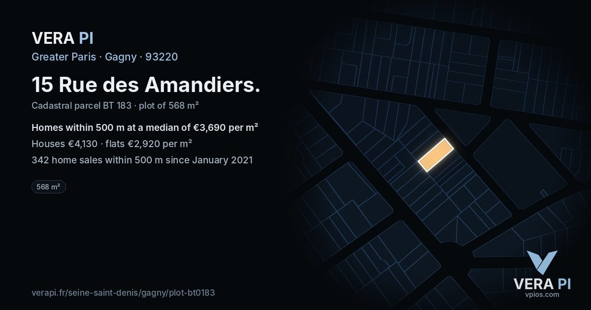 15 Rue des Amandiers, Gagny at night – the plot lit, the parcels around coloured by the prices near them