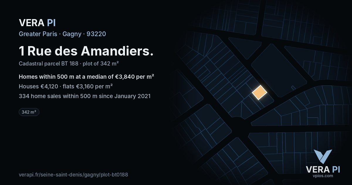 1 Rue des Amandiers, Gagny at night – the plot lit, the parcels around coloured by the prices near them