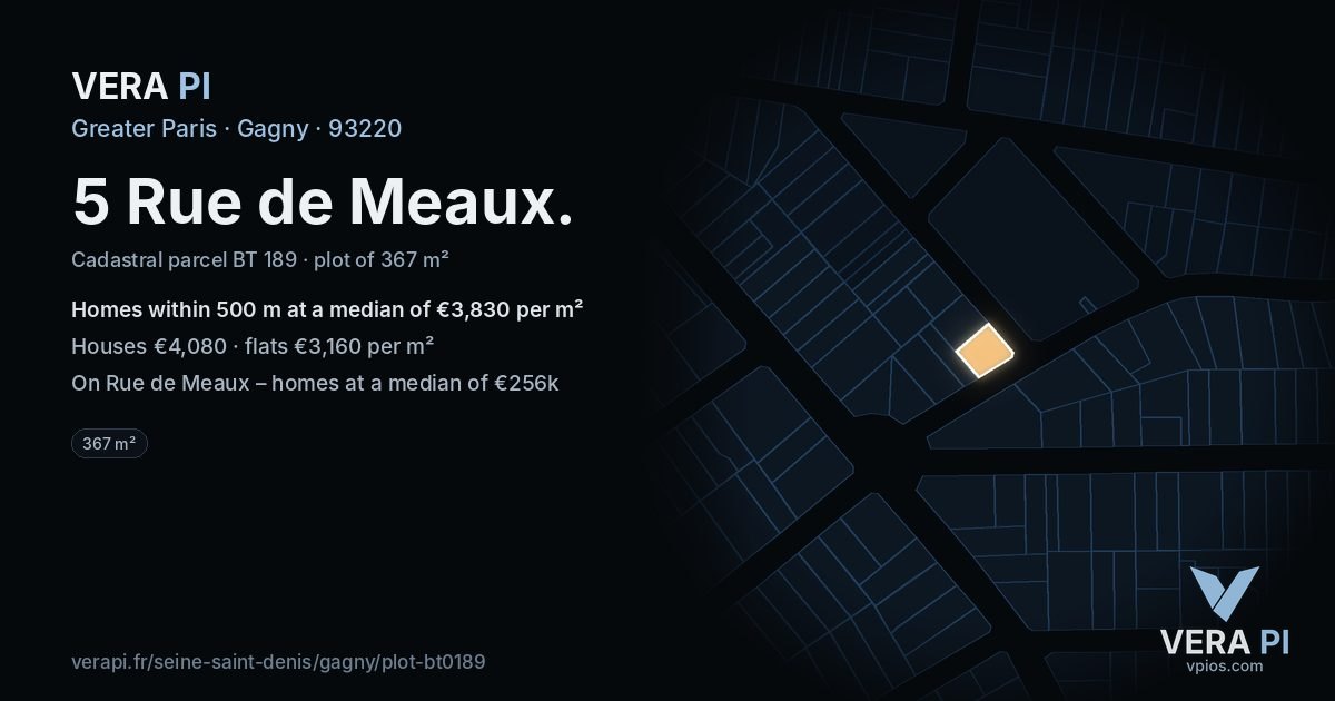 5 Rue de Meaux, Gagny at night – the plot lit, the parcels around coloured by the prices near them