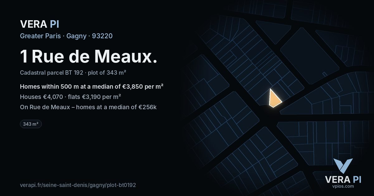 1 Rue de Meaux, Gagny at night – the plot lit, the parcels around coloured by the prices near them