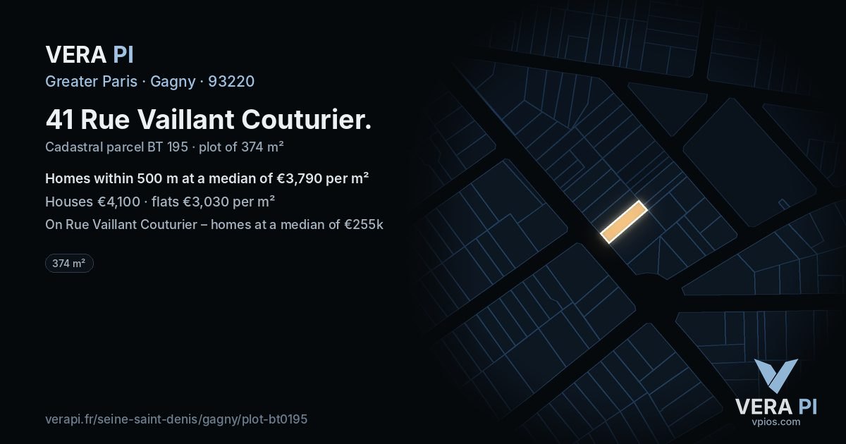 41 Rue Vaillant Couturier, Gagny at night – the plot lit, the parcels around coloured by the prices near them