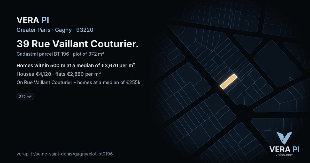 39 Rue Vaillant Couturier, Gagny at night – the plot lit, the parcels around coloured by the prices near them