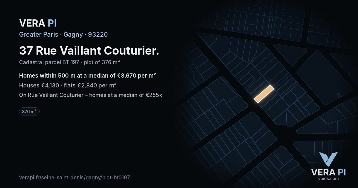 37 Rue Vaillant Couturier, Gagny at night – the plot lit, the parcels around coloured by the prices near them