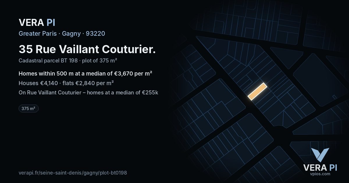 35 Rue Vaillant Couturier, Gagny at night – the plot lit, the parcels around coloured by the prices near them
