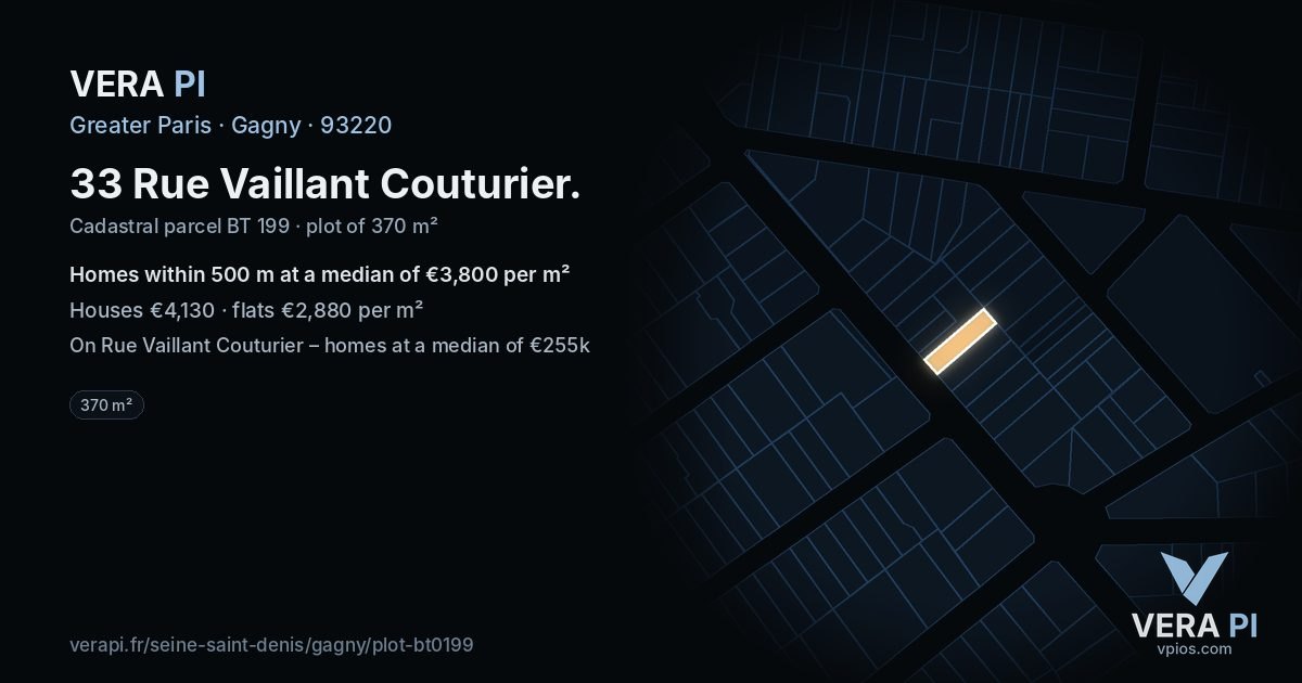 33 Rue Vaillant Couturier, Gagny at night – the plot lit, the parcels around coloured by the prices near them