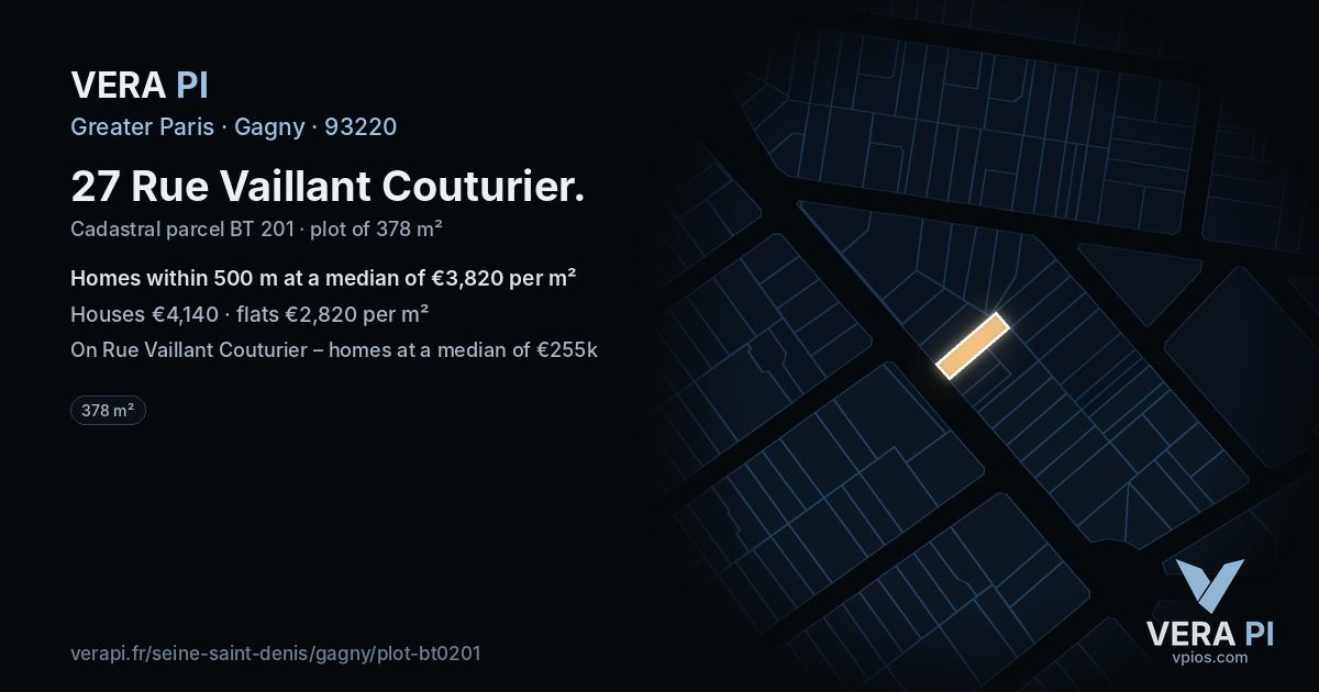 27 Rue Vaillant Couturier, Gagny at night – the plot lit, the parcels around coloured by the prices near them
