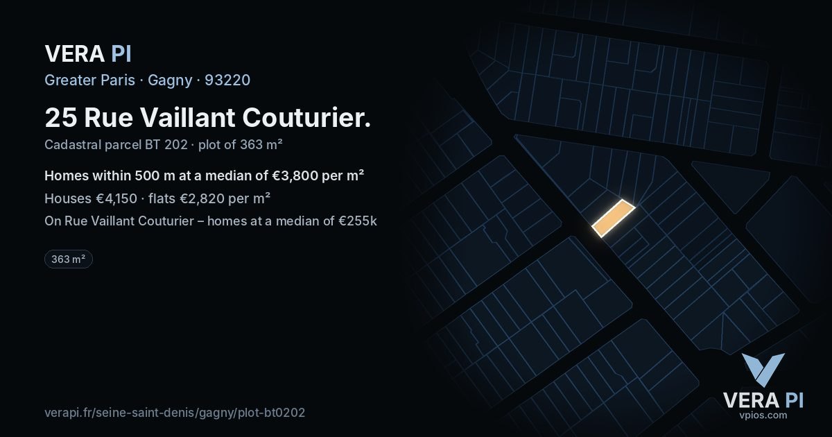 25 Rue Vaillant Couturier, Gagny at night – the plot lit, the parcels around coloured by the prices near them