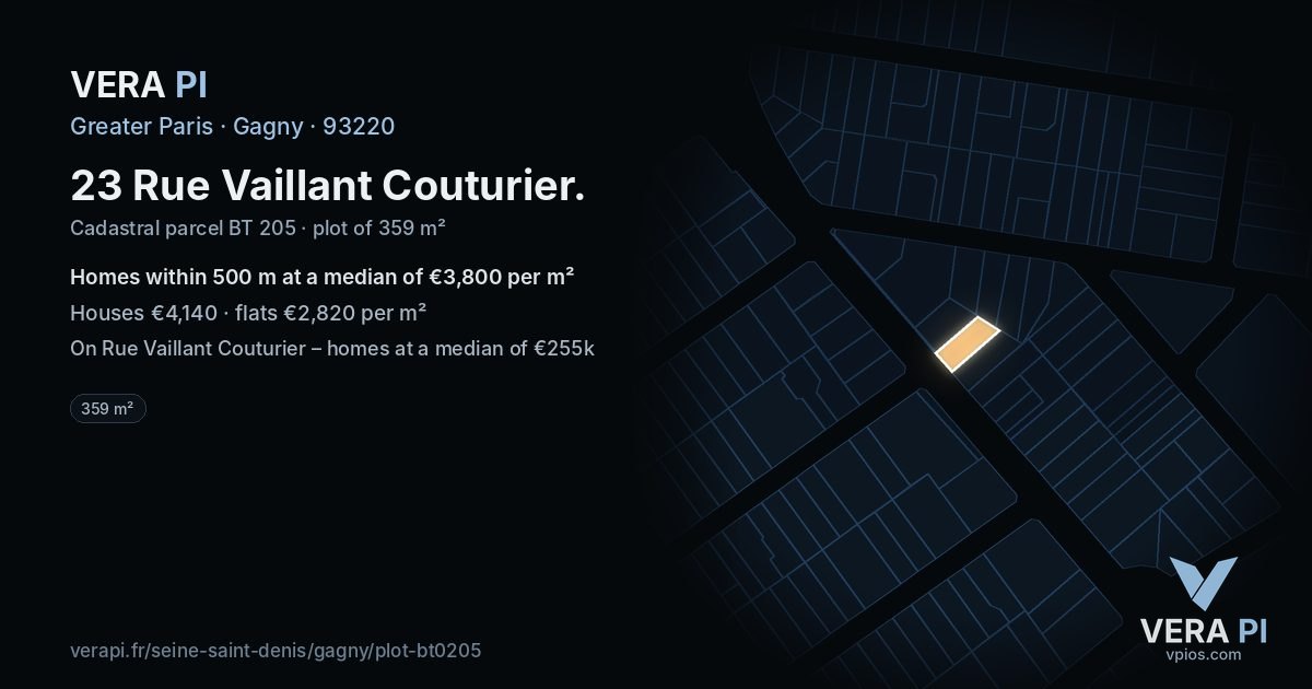 23 Rue Vaillant Couturier, Gagny at night – the plot lit, the parcels around coloured by the prices near them