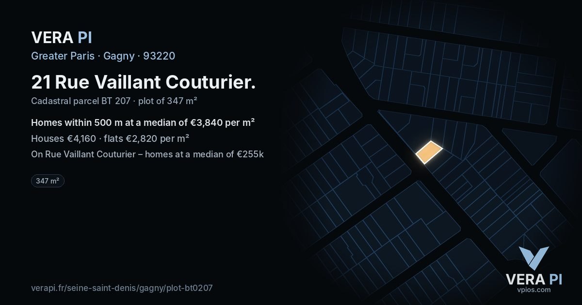 21 Rue Vaillant Couturier, Gagny at night – the plot lit, the parcels around coloured by the prices near them