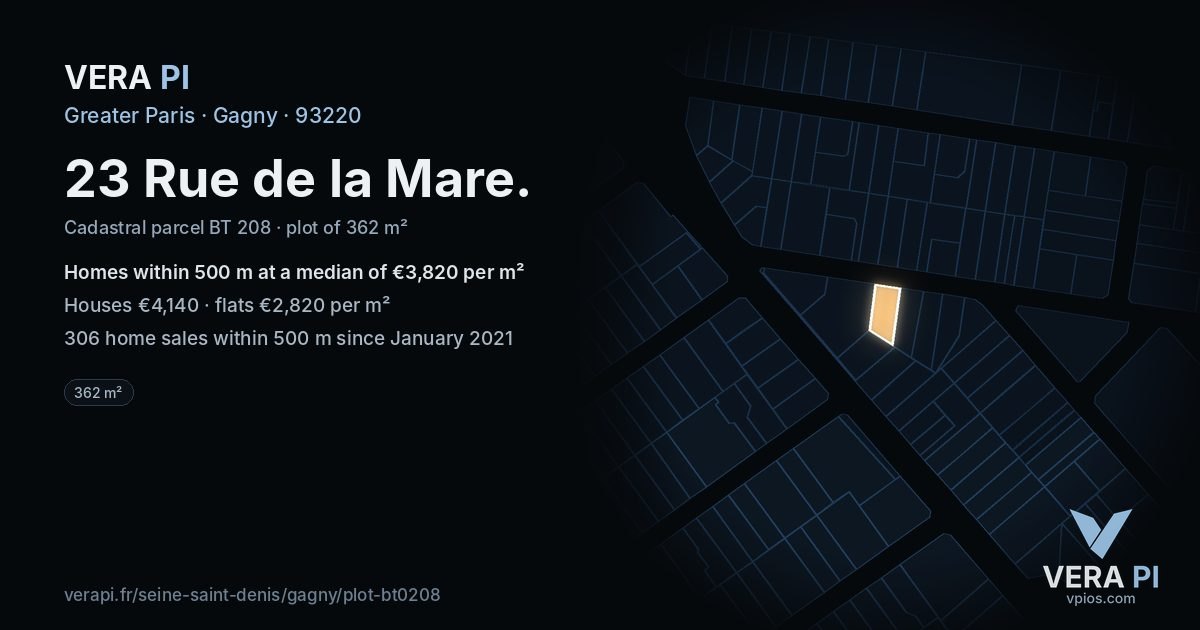 23 Rue de la Mare, Gagny at night – the plot lit, the parcels around coloured by the prices near them