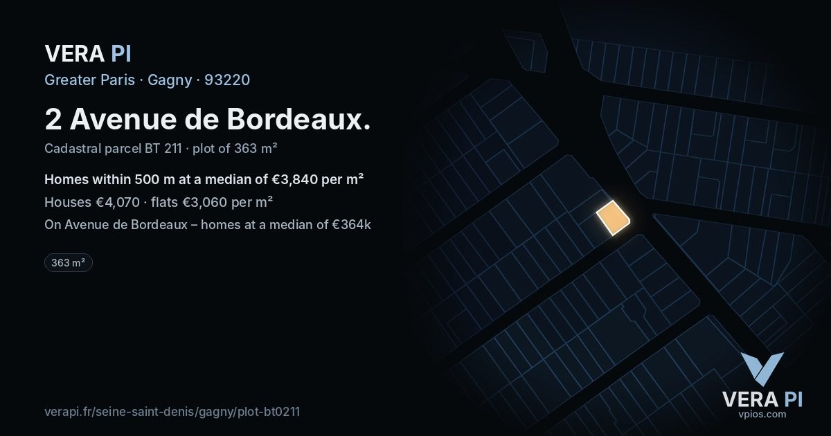 2 Avenue de Bordeaux, Gagny at night – the plot lit, the parcels around coloured by the prices near them