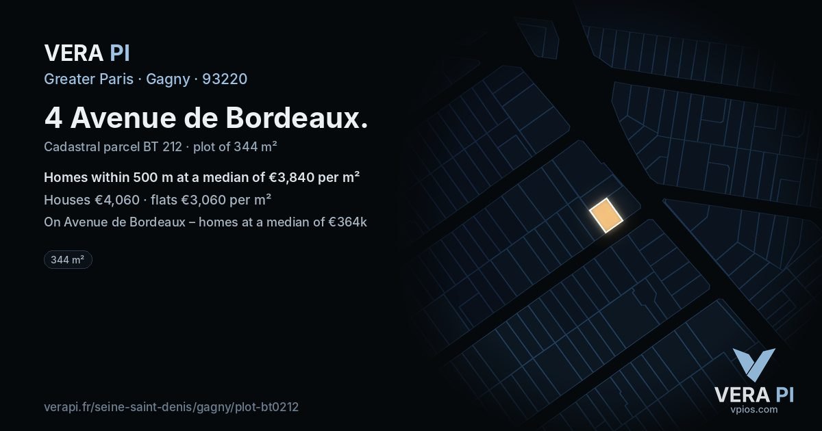 4 Avenue de Bordeaux, Gagny at night – the plot lit, the parcels around coloured by the prices near them