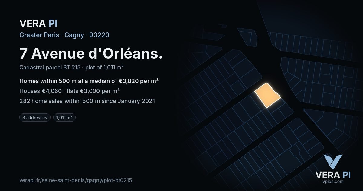 7 Avenue d'Orléans, Gagny at night – the plot lit, the parcels around coloured by the prices near them
