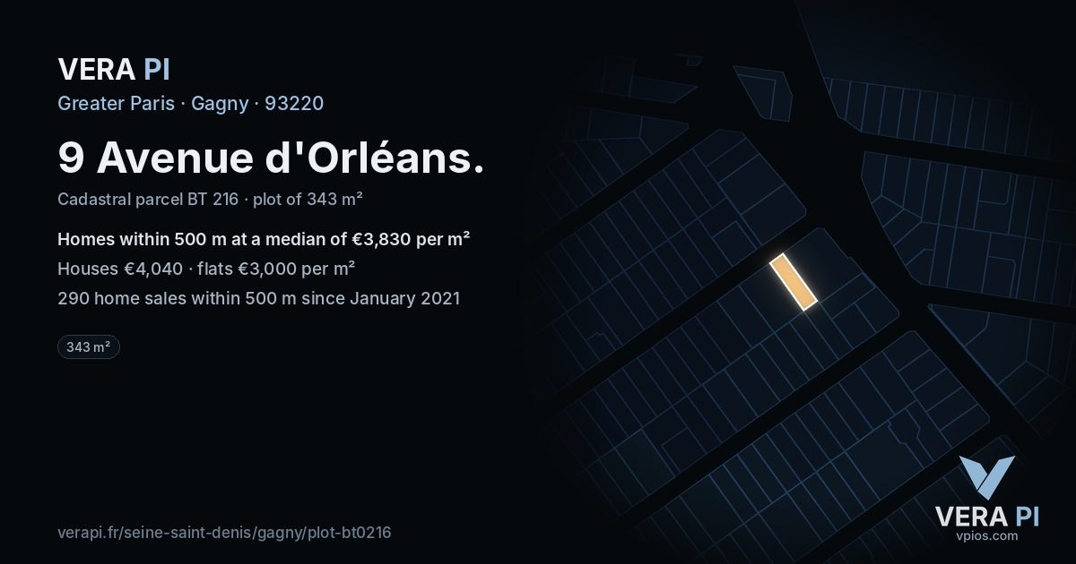 9 Avenue d'Orléans, Gagny at night – the plot lit, the parcels around coloured by the prices near them