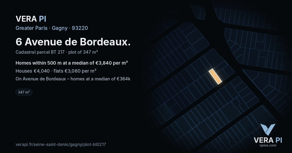 6 Avenue de Bordeaux, Gagny at night – the plot lit, the parcels around coloured by the prices near them