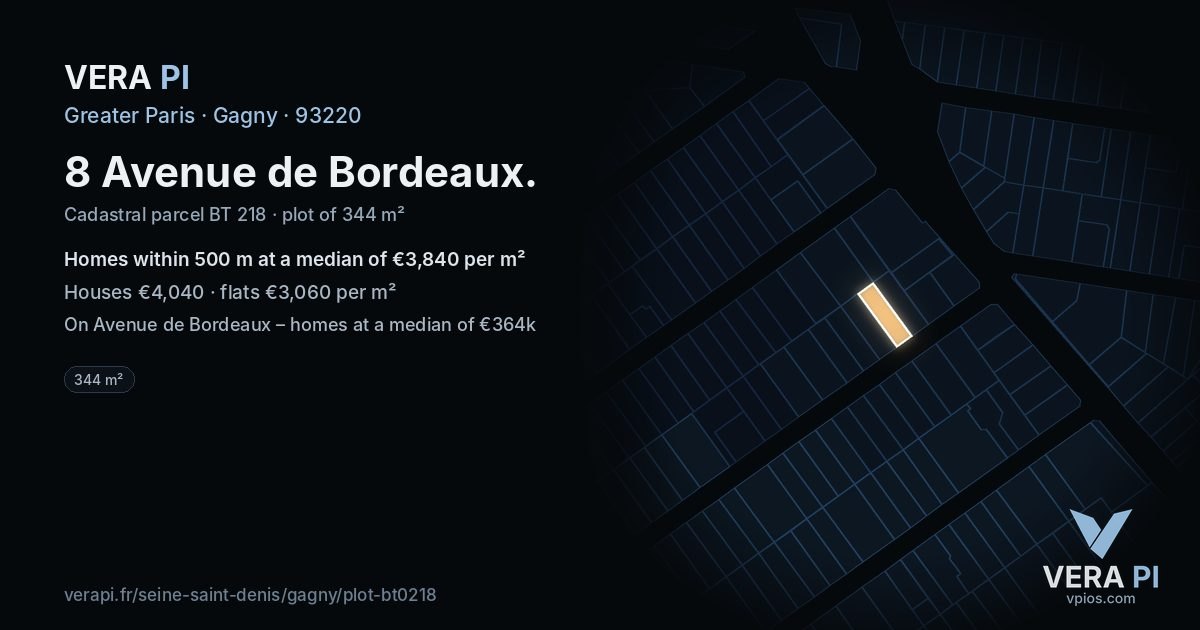 8 Avenue de Bordeaux, Gagny at night – the plot lit, the parcels around coloured by the prices near them