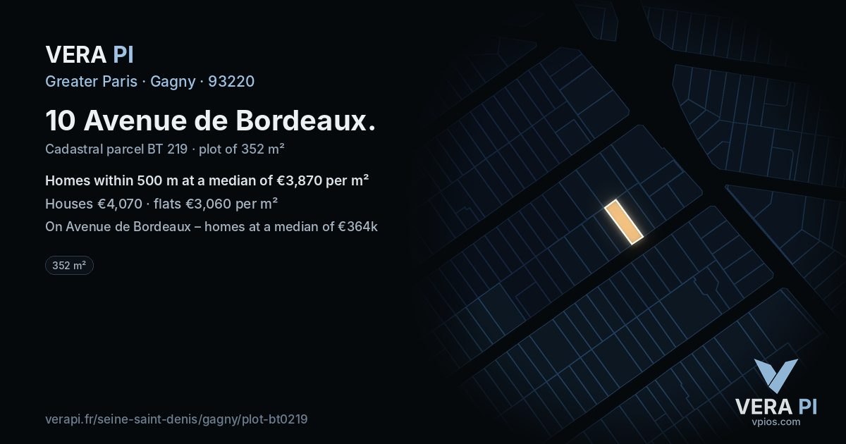 10 Avenue de Bordeaux, Gagny at night – the plot lit, the parcels around coloured by the prices near them