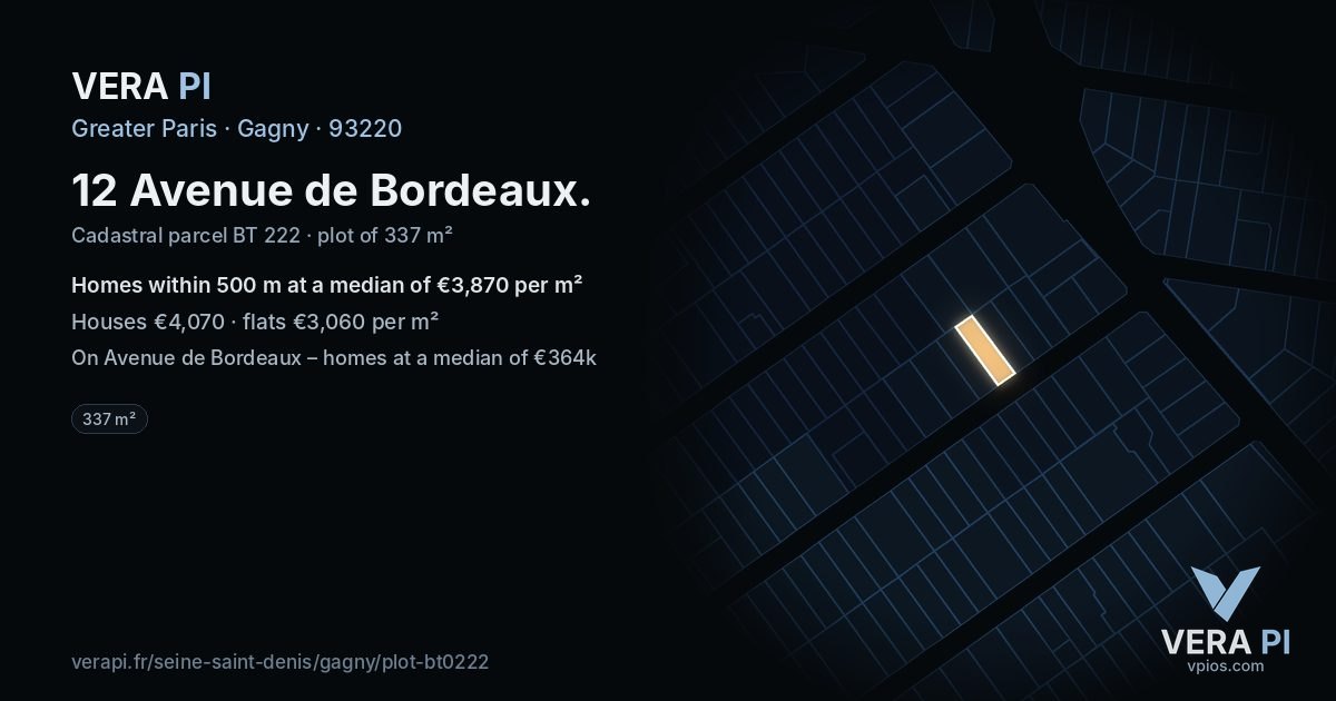 12 Avenue de Bordeaux, Gagny at night – the plot lit, the parcels around coloured by the prices near them