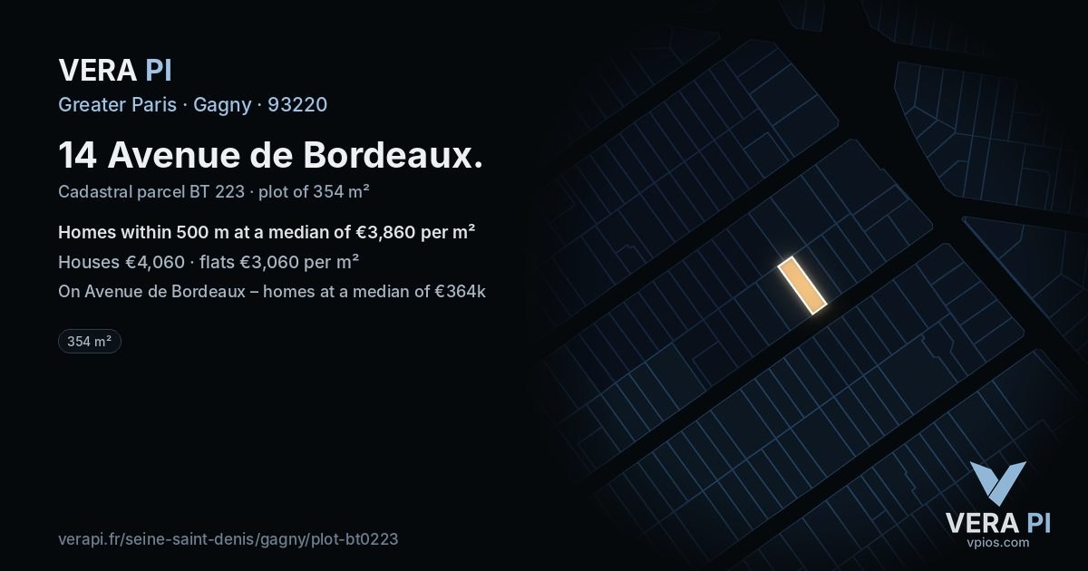 14 Avenue de Bordeaux, Gagny at night – the plot lit, the parcels around coloured by the prices near them