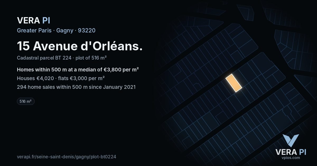15 Avenue d'Orléans, Gagny at night – the plot lit, the parcels around coloured by the prices near them