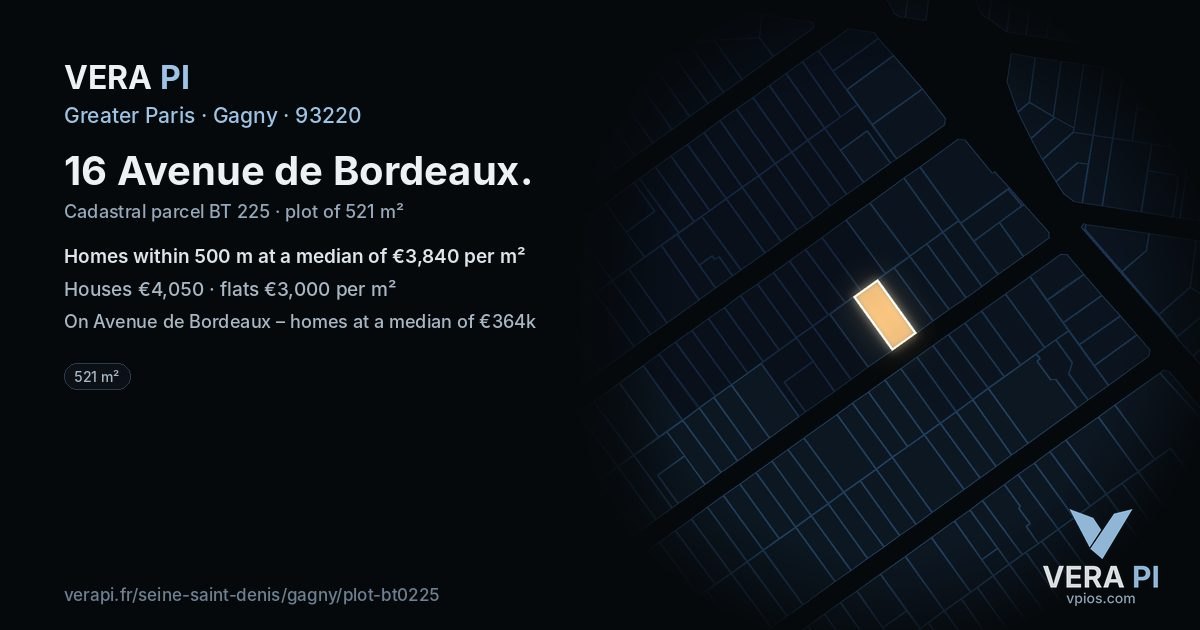 16 Avenue de Bordeaux, Gagny at night – the plot lit, the parcels around coloured by the prices near them