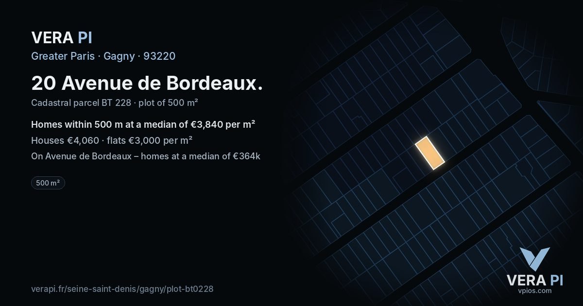 20 Avenue de Bordeaux, Gagny at night – the plot lit, the parcels around coloured by the prices near them