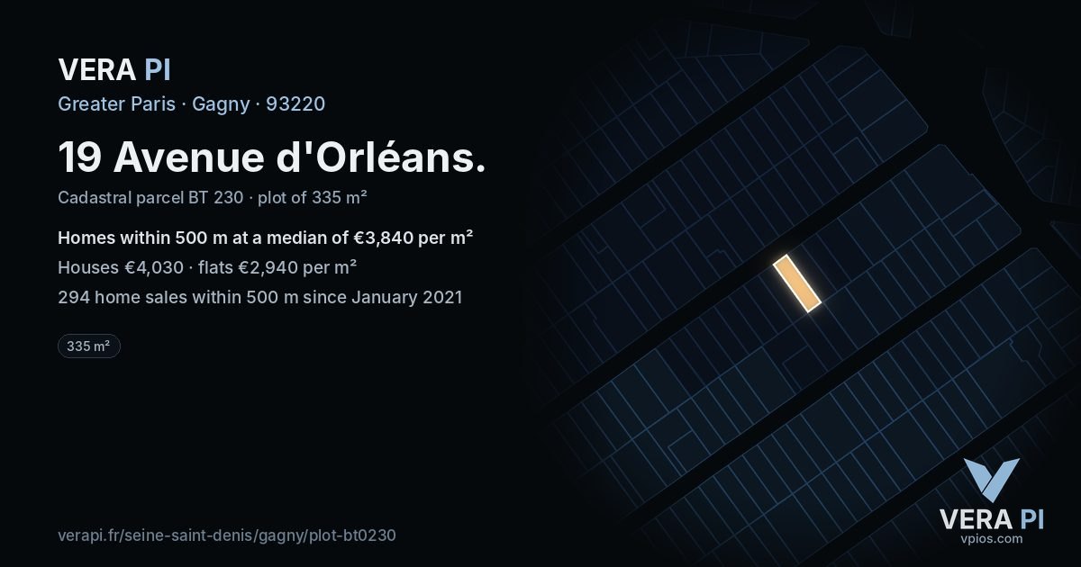 19 Avenue d'Orléans, Gagny at night – the plot lit, the parcels around coloured by the prices near them