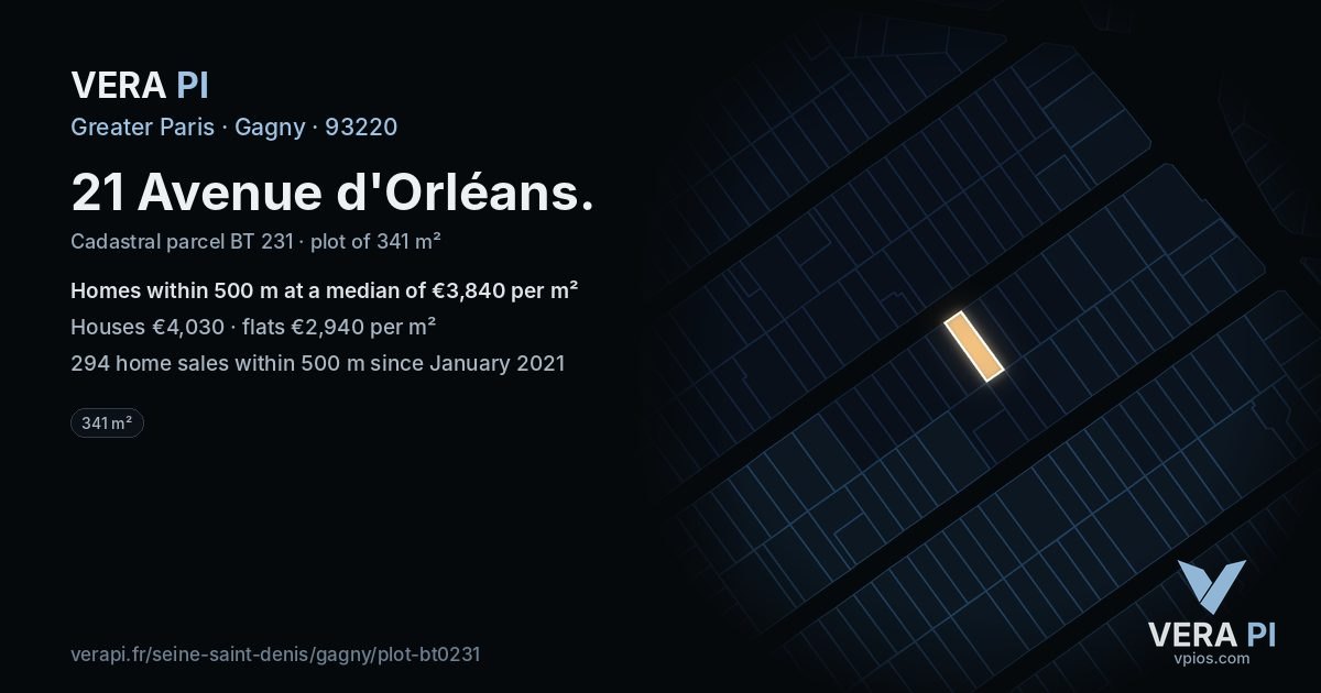 21 Avenue d'Orléans, Gagny at night – the plot lit, the parcels around coloured by the prices near them