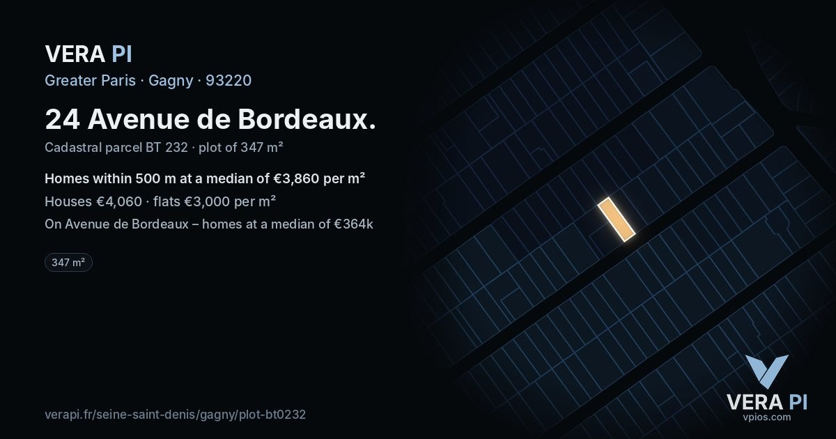 24 Avenue de Bordeaux, Gagny at night – the plot lit, the parcels around coloured by the prices near them