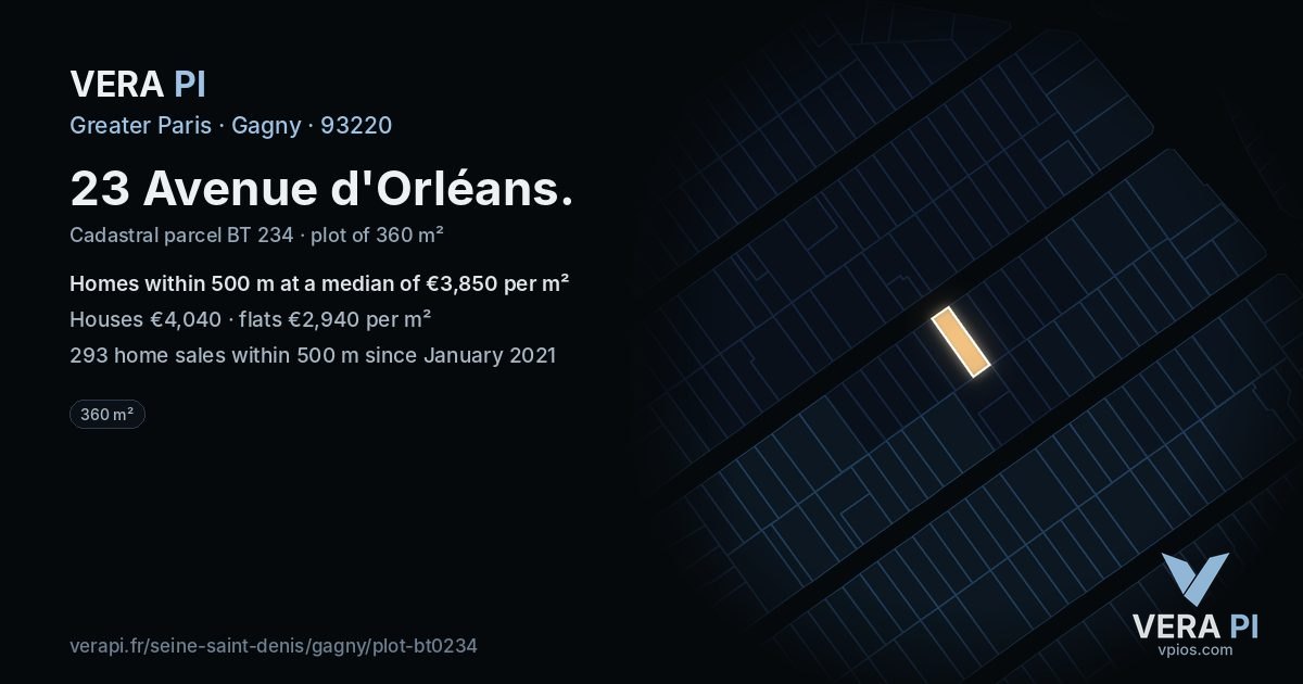23 Avenue d'Orléans, Gagny at night – the plot lit, the parcels around coloured by the prices near them
