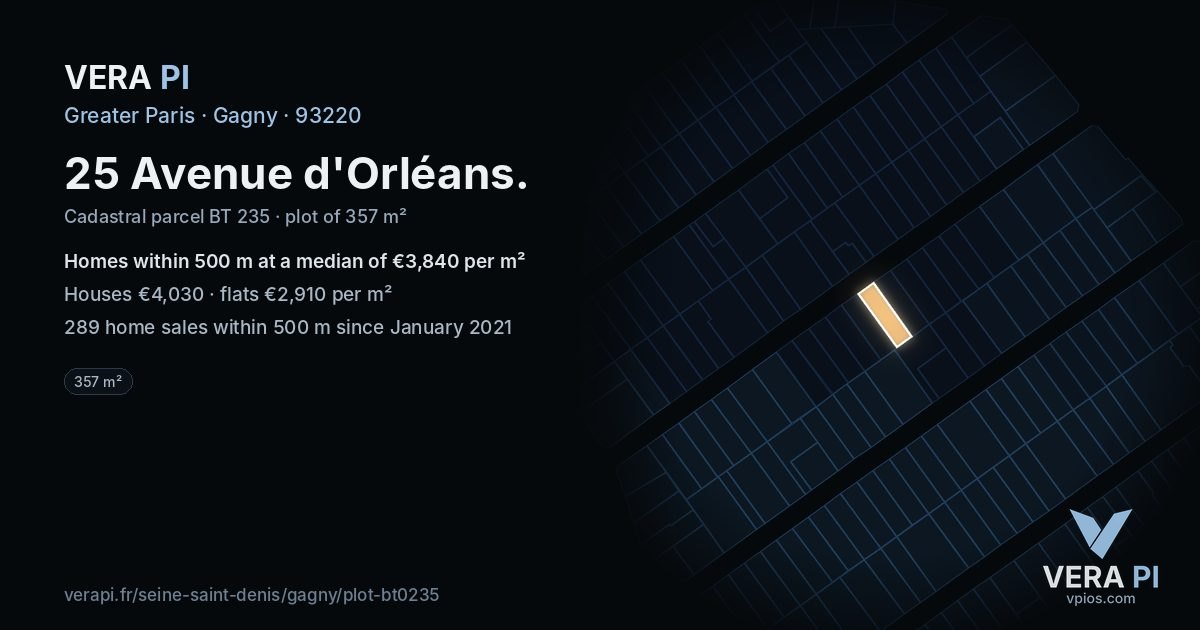 25 Avenue d'Orléans, Gagny at night – the plot lit, the parcels around coloured by the prices near them