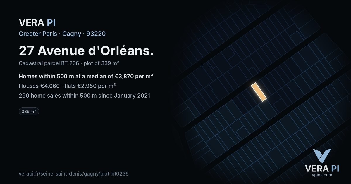 27 Avenue d'Orléans, Gagny at night – the plot lit, the parcels around coloured by the prices near them