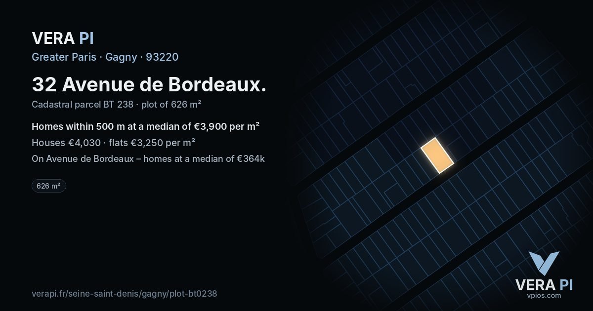 32 Avenue de Bordeaux, Gagny at night – the plot lit, the parcels around coloured by the prices near them