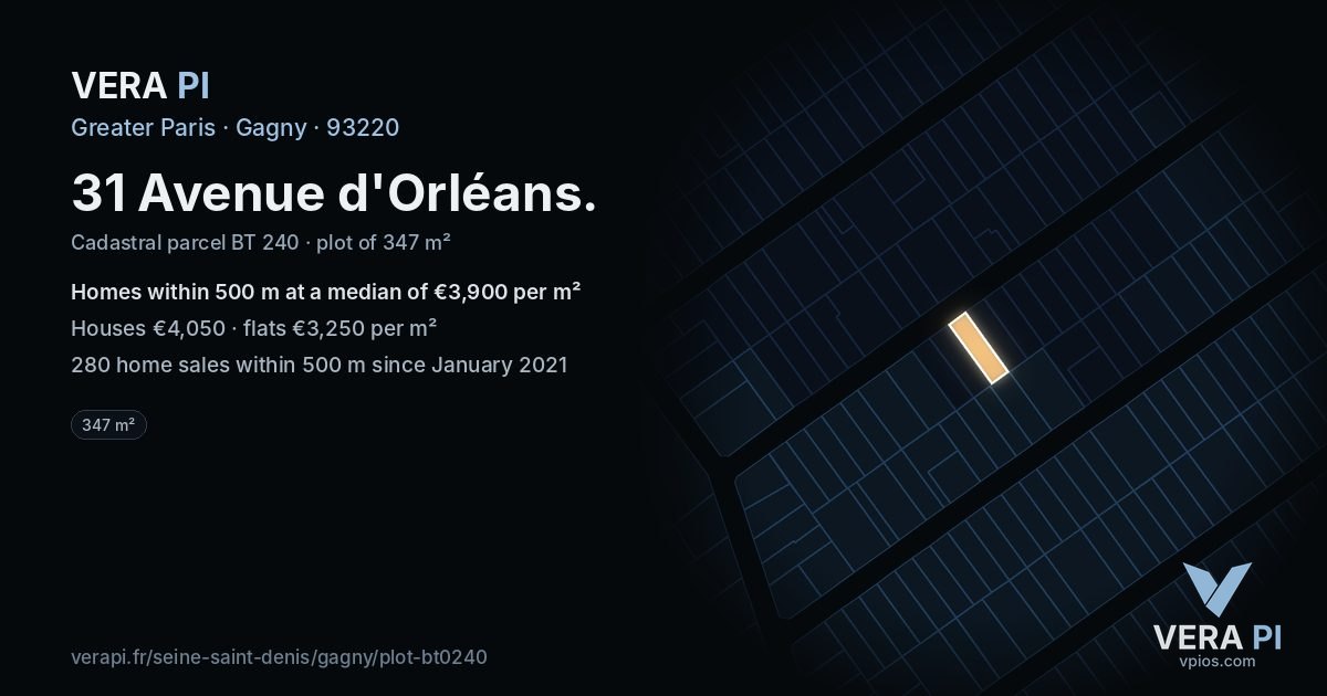 31 Avenue d'Orléans, Gagny at night – the plot lit, the parcels around coloured by the prices near them