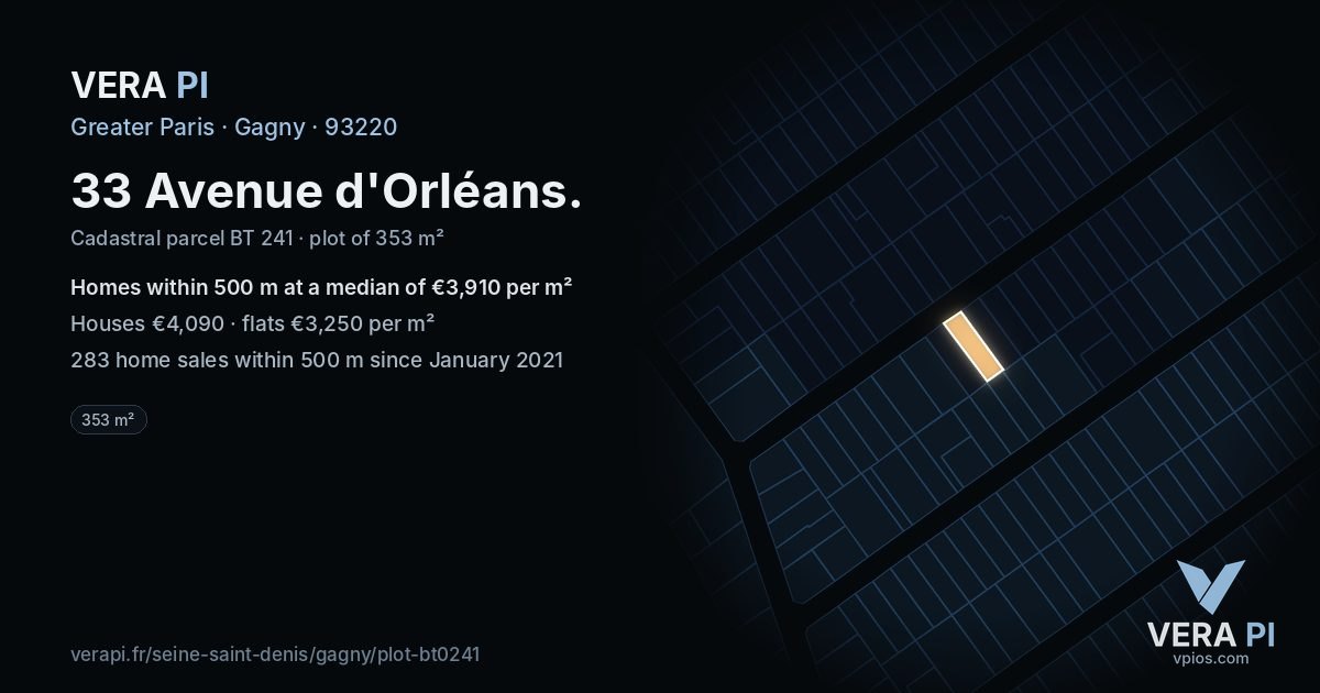 33 Avenue d'Orléans, Gagny at night – the plot lit, the parcels around coloured by the prices near them