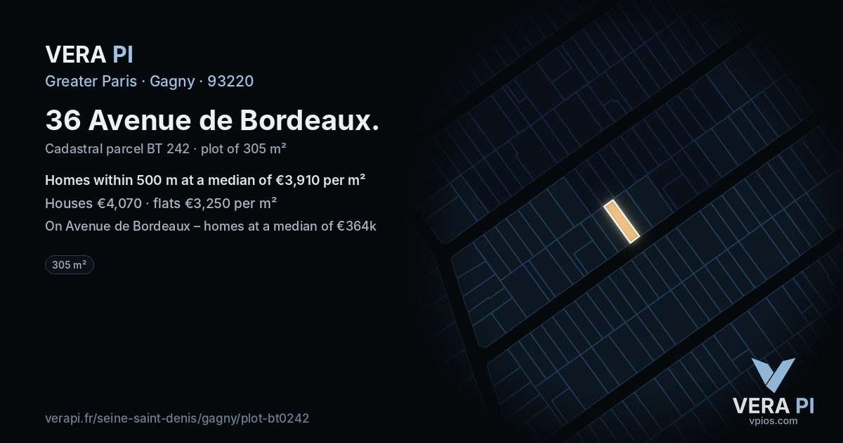 36 Avenue de Bordeaux, Gagny at night – the plot lit, the parcels around coloured by the prices near them