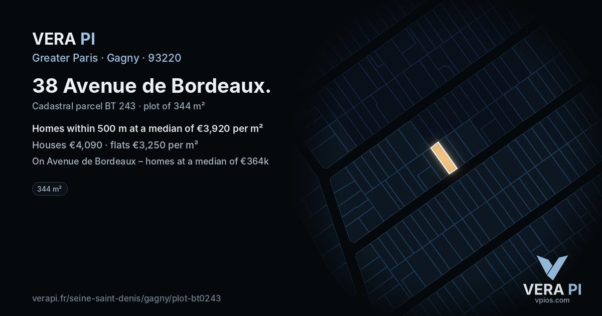 38 Avenue de Bordeaux, Gagny at night – the plot lit, the parcels around coloured by the prices near them