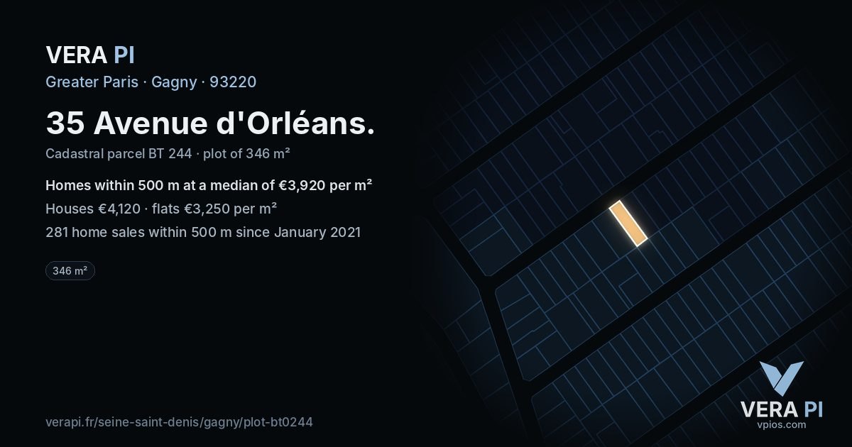 35 Avenue d'Orléans, Gagny at night – the plot lit, the parcels around coloured by the prices near them