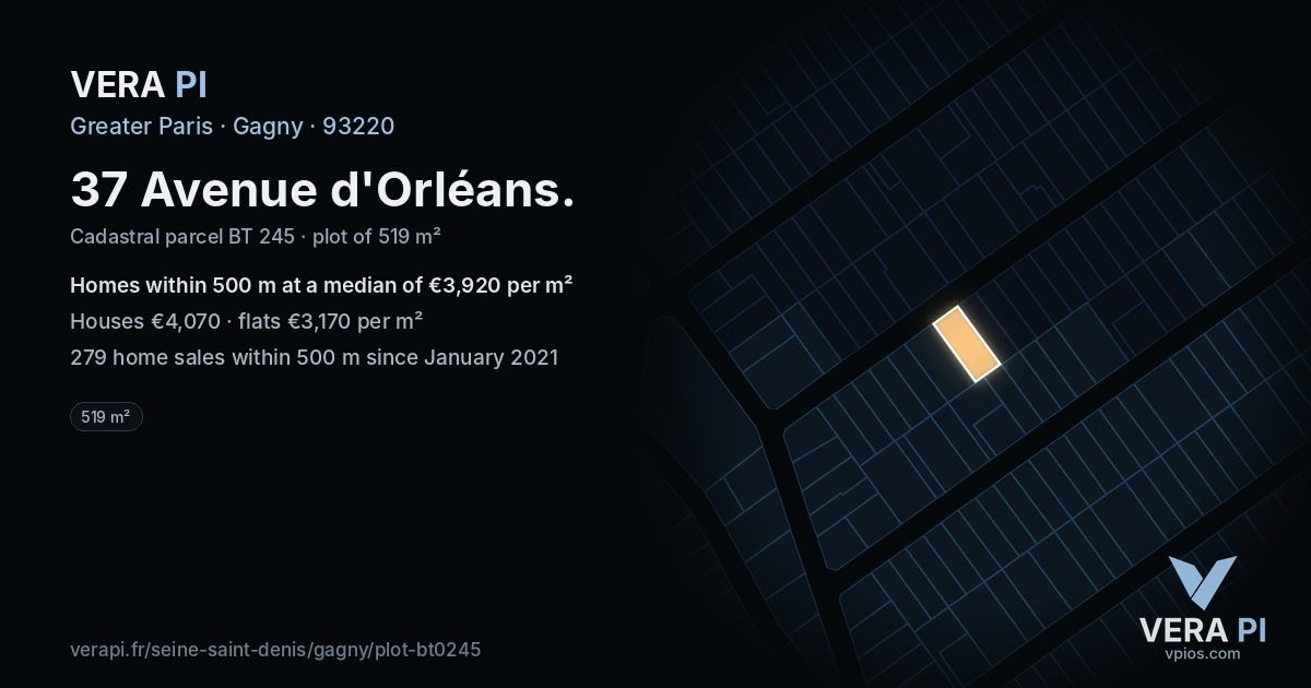 37 Avenue d'Orléans, Gagny at night – the plot lit, the parcels around coloured by the prices near them