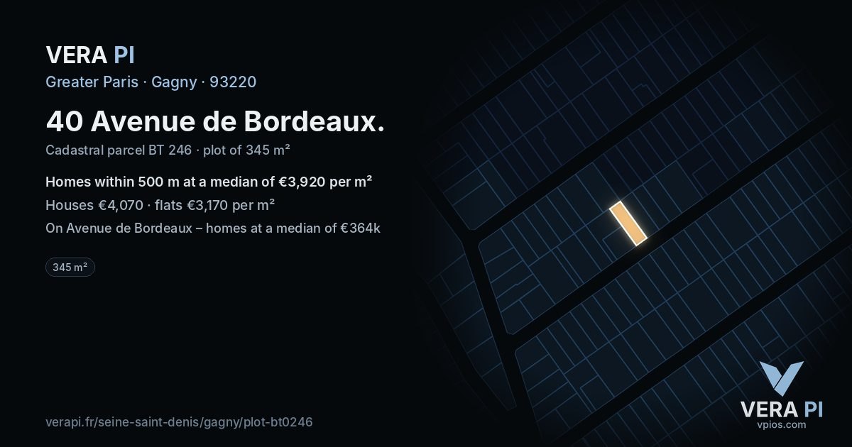40 Avenue de Bordeaux, Gagny at night – the plot lit, the parcels around coloured by the prices near them