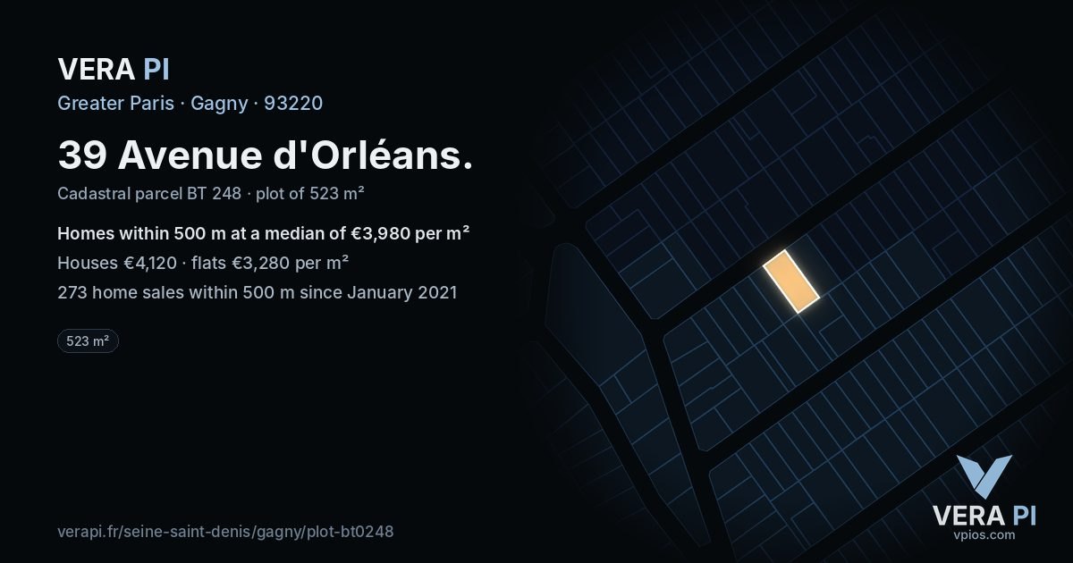 39 Avenue d'Orléans, Gagny at night – the plot lit, the parcels around coloured by the prices near them