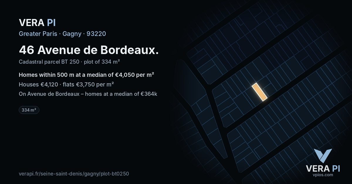 46 Avenue de Bordeaux, Gagny at night – the plot lit, the parcels around coloured by the prices near them