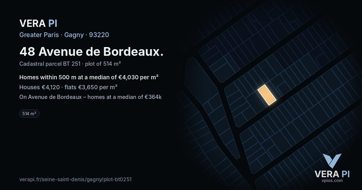 48 Avenue de Bordeaux, Gagny at night – the plot lit, the parcels around coloured by the prices near them