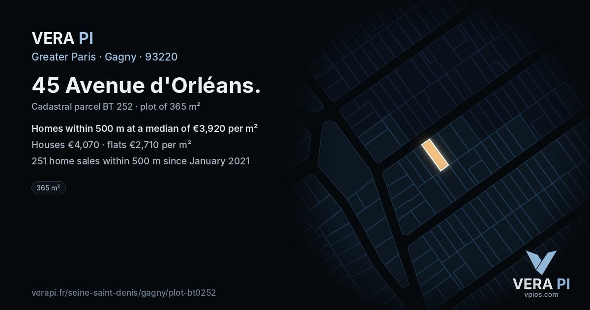 45 Avenue d'Orléans, Gagny at night – the plot lit, the parcels around coloured by the prices near them