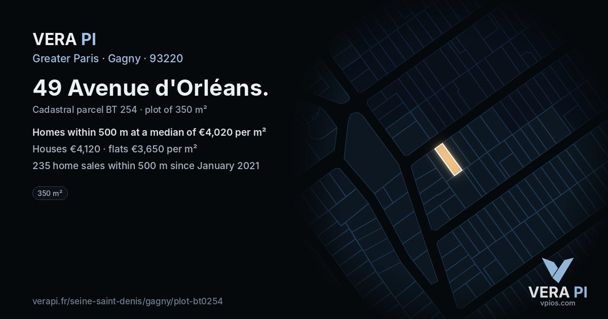 49 Avenue d'Orléans, Gagny at night – the plot lit, the parcels around coloured by the prices near them