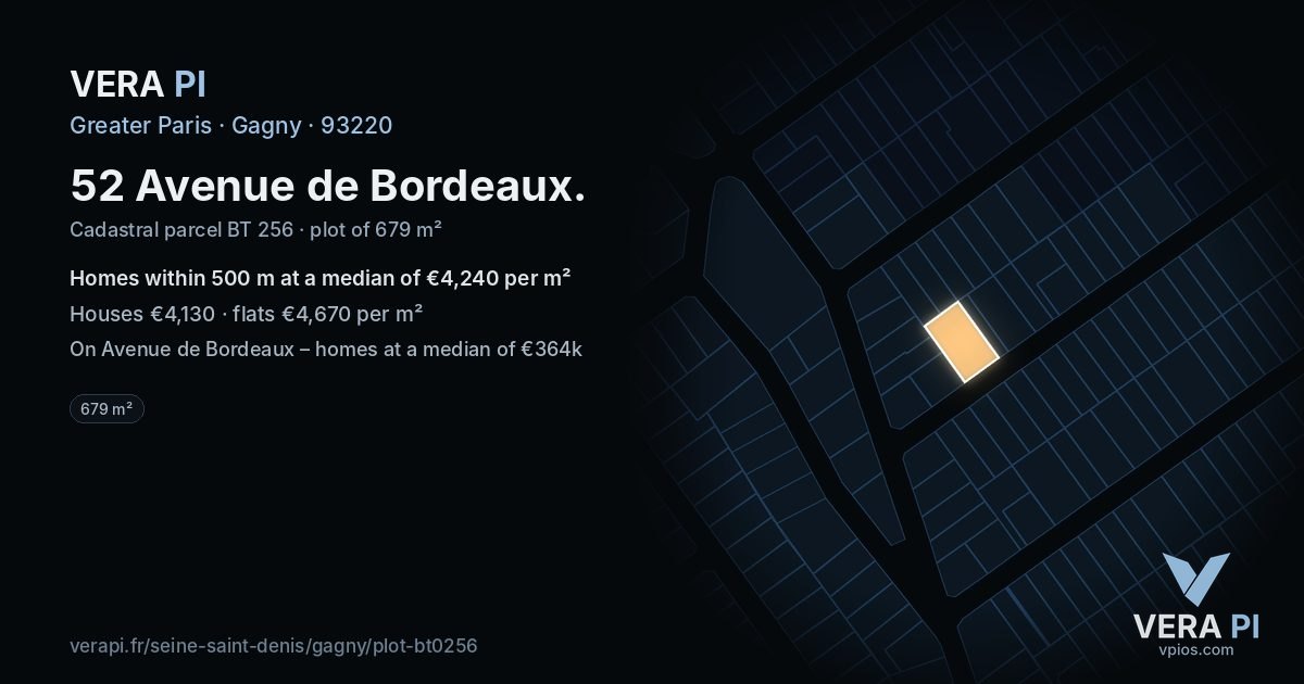 52 Avenue de Bordeaux, Gagny at night – the plot lit, the parcels around coloured by the prices near them