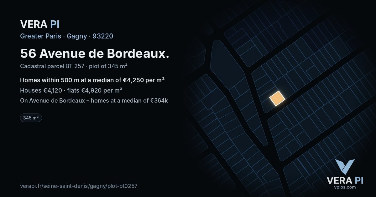 56 Avenue de Bordeaux, Gagny at night – the plot lit, the parcels around coloured by the prices near them