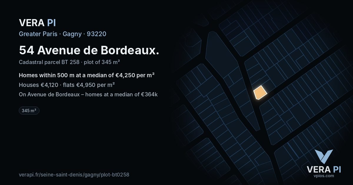 54 Avenue de Bordeaux, Gagny at night – the plot lit, the parcels around coloured by the prices near them