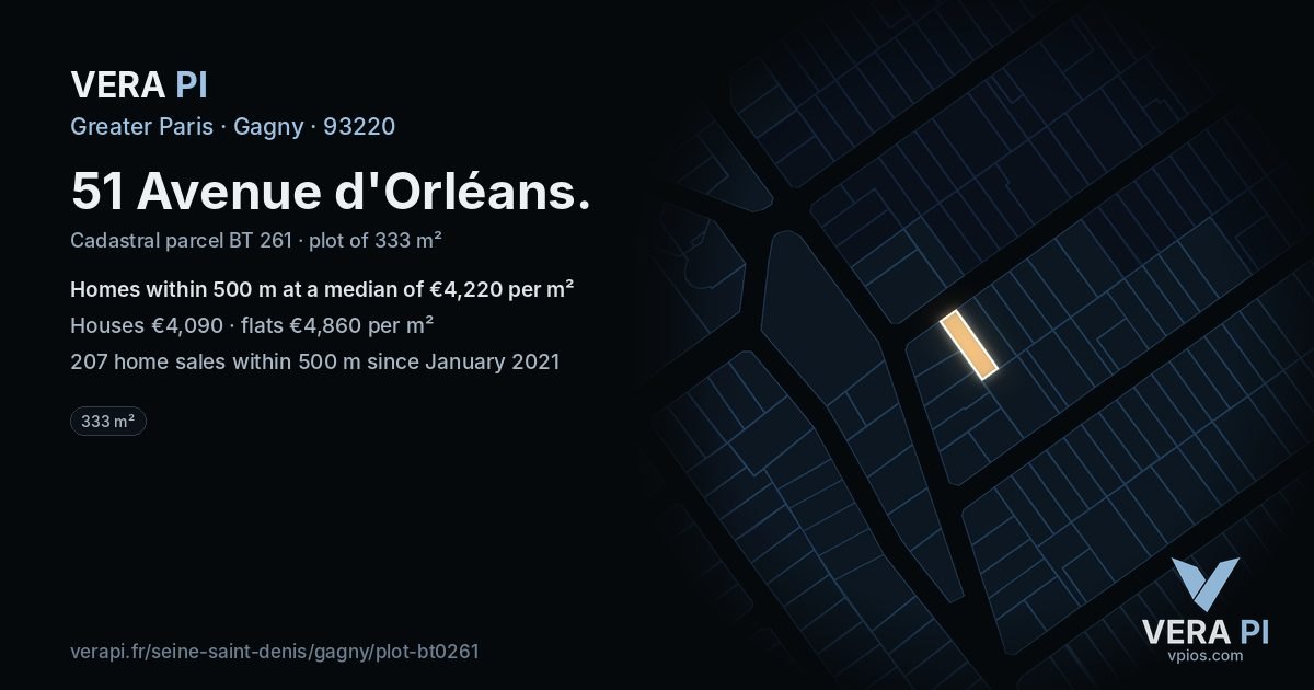 51 Avenue d'Orléans, Gagny at night – the plot lit, the parcels around coloured by the prices near them