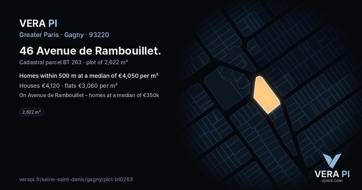 46 Avenue de Rambouillet, Gagny at night – the plot lit, the parcels around coloured by the prices near them